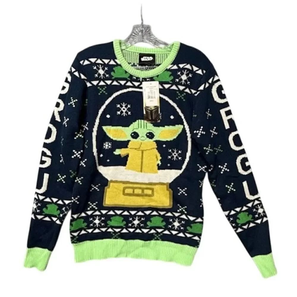NEW Star Wars Grogu Snow Globe Winter Sweater Size Medium Baby Yoda Blue Green